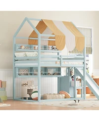 Streamdale Furniture Full house Bed with Canopy, Slide & Built-In Bookshelves