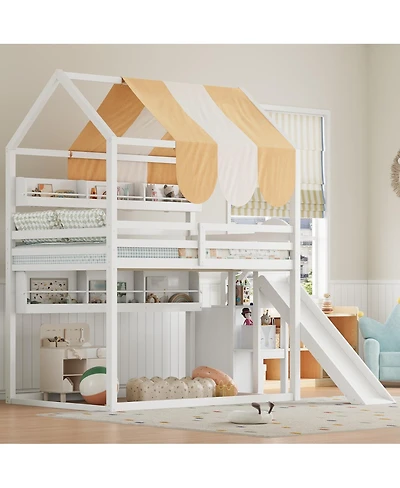 Streamdale Furniture Full house Bed with Canopy, Slide & Built-In Bookshelves