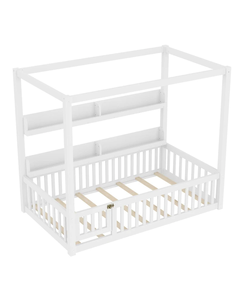 Streamdale Furniture Twin Size Solid Wood Canopy Floor Bed with Guardrails & Shelves - White