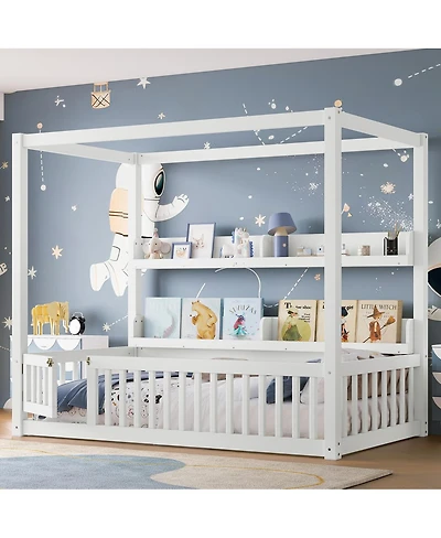 Streamdale Furniture Twin Size Solid Wood Canopy Floor Bed with Guardrails & Shelves - White