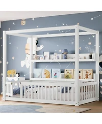Streamdale Furniture Twin Size Solid Wood Canopy Floor Bed with Guardrails & Shelves - White