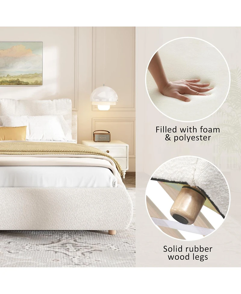 Streamdale Furniture King Size White Boucle Upholstered Platform Bed with Removable Pillow Headboard