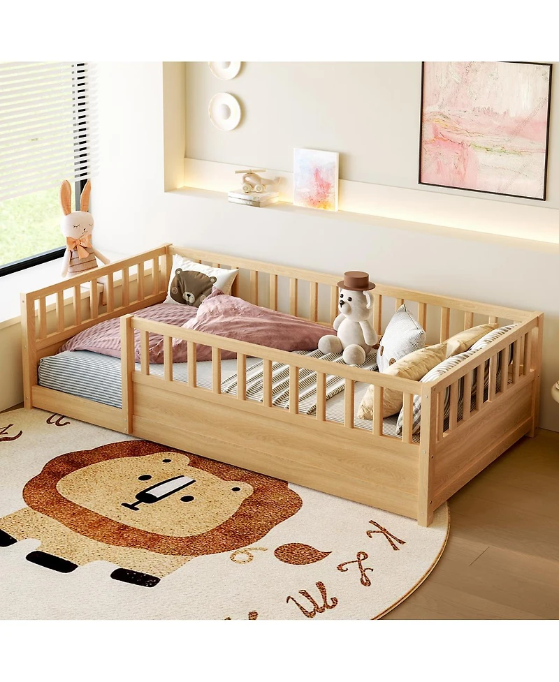Streamdale Furniture Twin Size Montessori Floor Bed with High Security Barrier and Door, Natural
