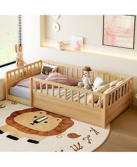 Streamdale Furniture Twin Size Montessori Floor Bed with High Security Barrier and Door, Natural