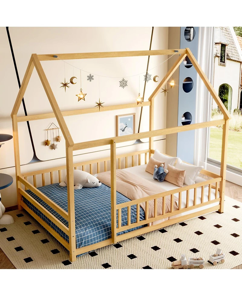 Streamdale Furniture Full Size Floor Wooden Bed with House Roof Frame, Fence Guardrails
