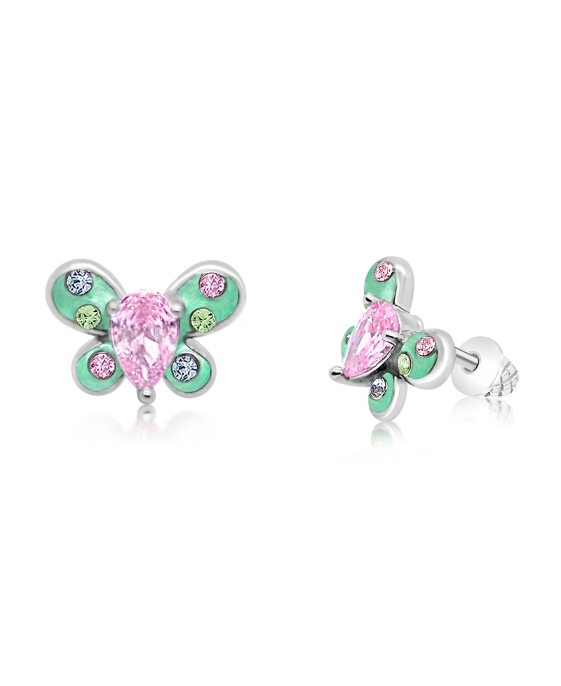 Chanteur Girls /Girl/Butterfly Pink Green Crystal White Gold Palladium Plating Screwstud Earring