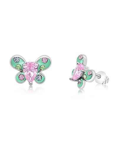 Chanteur Girls /Girl/Butterfly Pink Green Crystal White Gold Palladium Plating Screwstud Earring