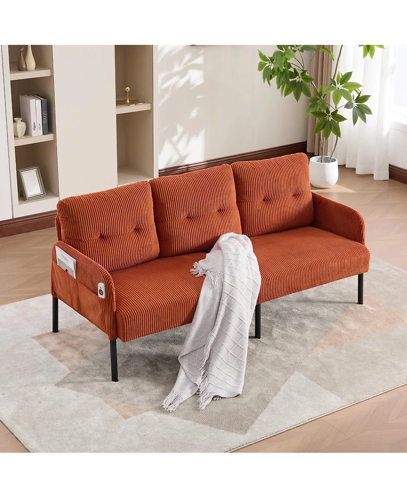 Streamdale Furniture Oversized Corduroy Loveseat Sofa with Metal Legs and Side Pockets