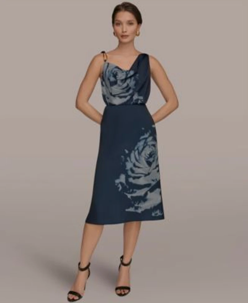 Donna Karan New York Womens Cowl Neck Blouse Floral A Line Midi Skirt