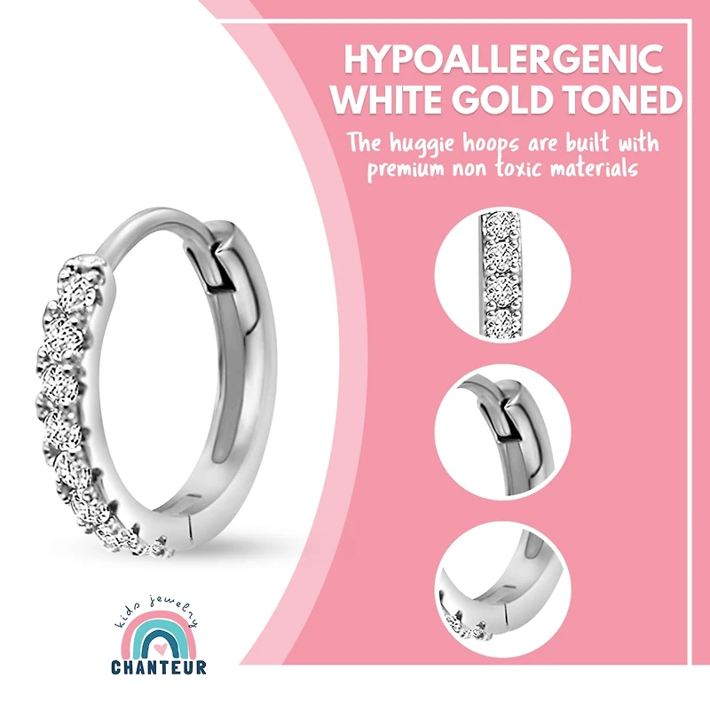 Chanteur Girls /Girl/Round Crystal White Gold Palladium Plating Huggie Hoop Earrings