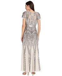 R & M Richards Women's Long Sequin Short-Sleeve Ball Gown