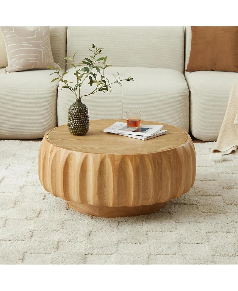 Streamdale Furniture Round Solid Wood Carved Coffee Table with Elegant Sculptural Design
