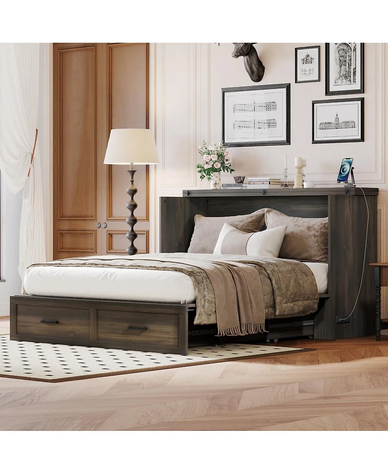 Streamdale Furniture Queen Farmhouse Murphy Cabinet Bed with Charging Station & Storage Drawer