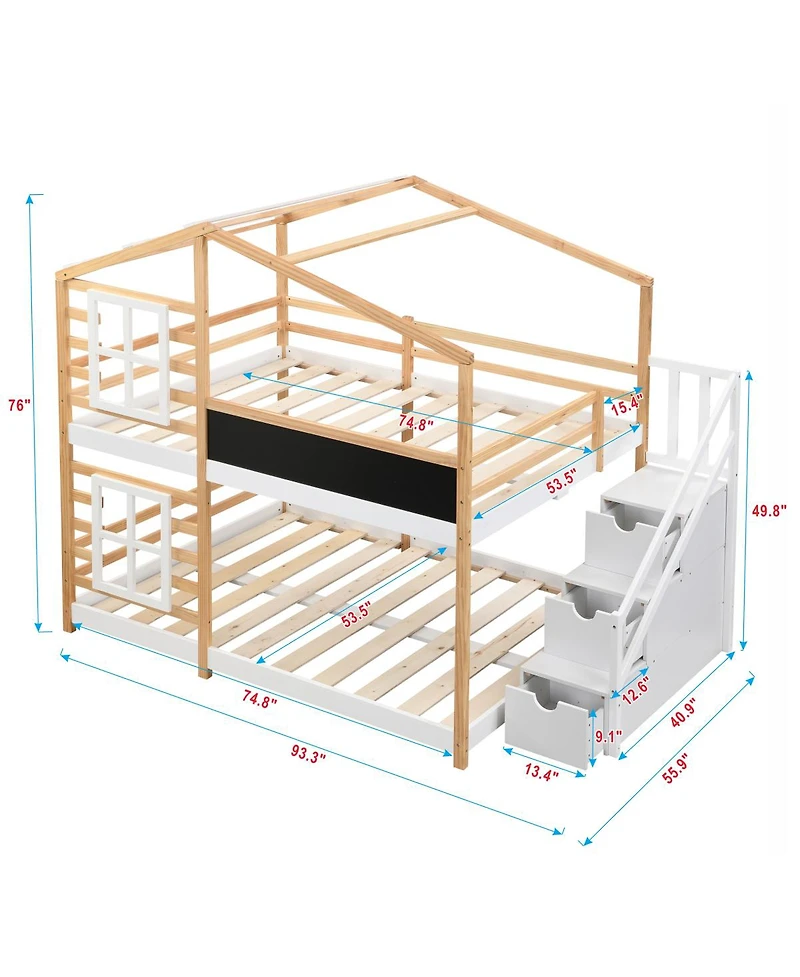 Streamdale Furniture Full over Full Bunk Bed House Bed with Roof, Windows, Blackboard, Storage Ladder