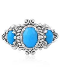 American West Jewelry Sterling Kingman Turquoise 3-Stone Oval Scalloped Bezel Ring, Sizes 5 to 11