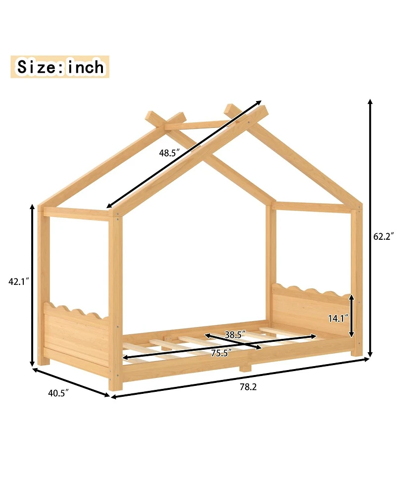 Streamdale Furniture Twin House Floor Bed with Slats, Solid Wood House Bed Frame for Kids