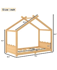 Streamdale Furniture Twin House Floor Bed with Slats, Solid Wood House Bed Frame for Kids