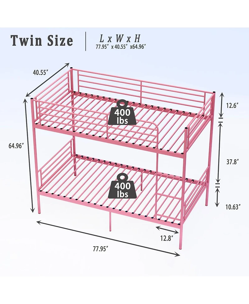 Streamdale Furniture Pink Twin Over Twin Metal Bunk Bed with Ladder, Guardrail, Storage, Noise Free