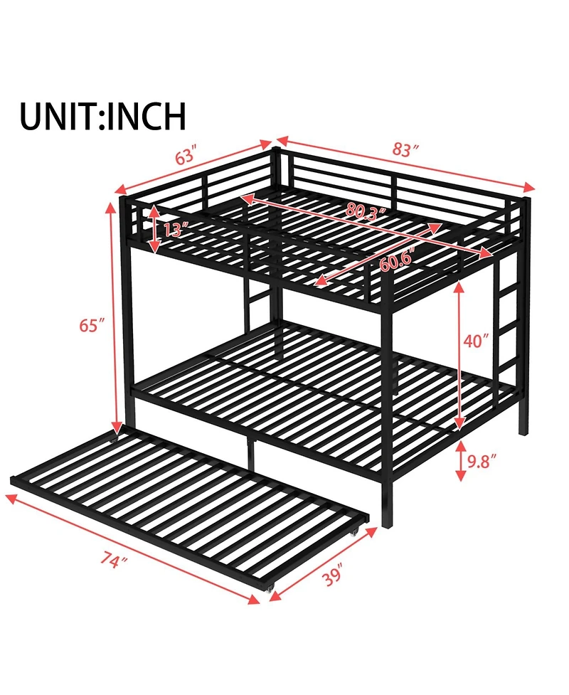 Streamdale Furniture Queen over Queen Metal Bunk Bed with Twin Size Trundle