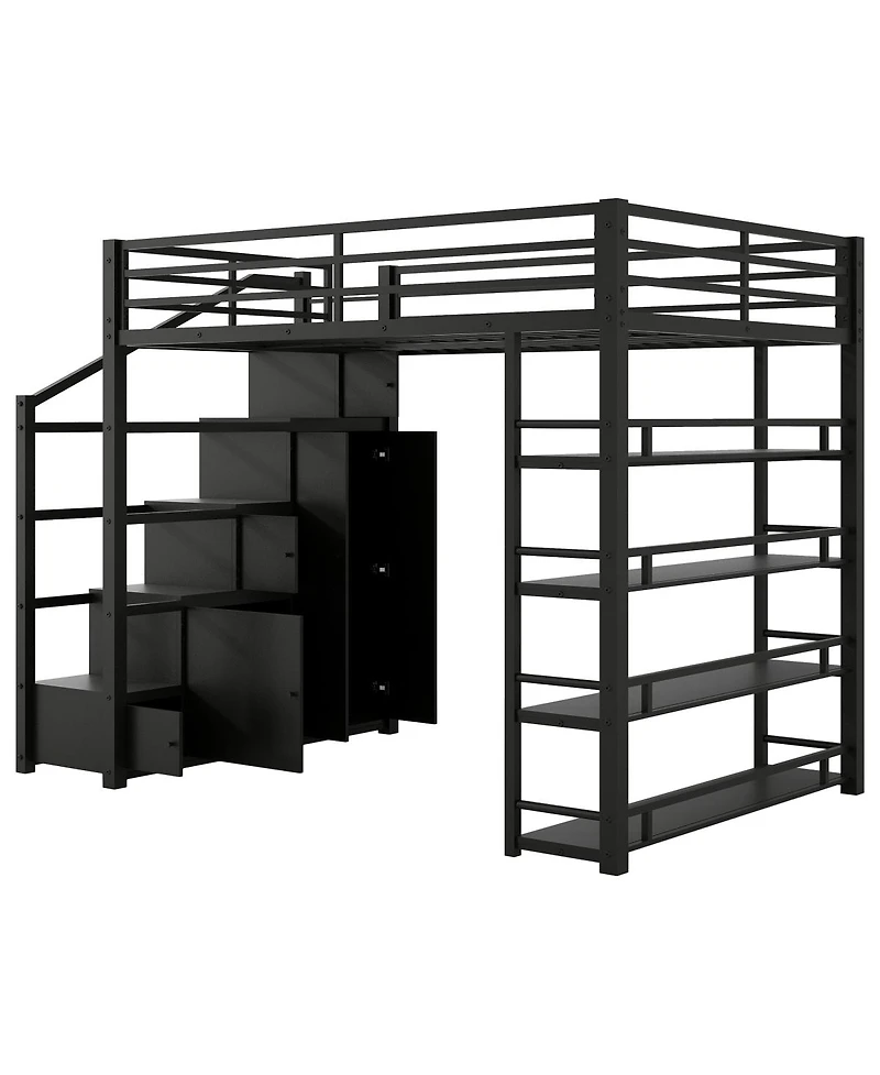 Streamdale Furniture Metal Loft Bed with Storage Shelves, Cabinets and Wardrobe