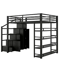 Streamdale Furniture Metal Loft Bed with Storage Shelves, Cabinets and Wardrobe