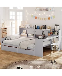 Streamdale Furniture Full Size Daybed with Storage, Wooden L-Shape Bed Frame w/ Desk & Bookshelf