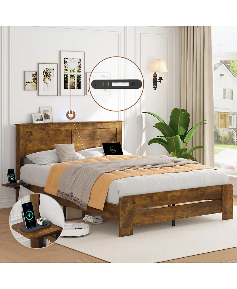 Streamdale Furniture Farmhouse King Bed Frame w/ Storage Shelf, Led Lights & Charging Station