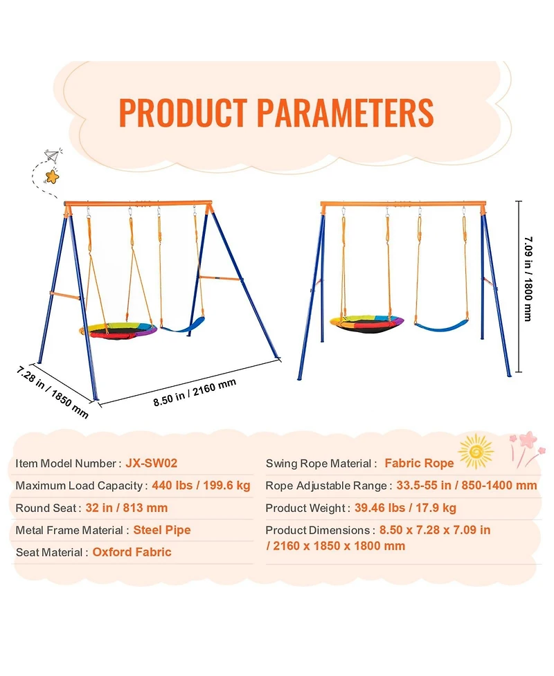 Mecale Backyard Swing Set, 440 lbs Load Capacity, A-Frame Metal Swing Stand with Saucer Swing Seat and Belt Swing Seat, Adjustable Rope