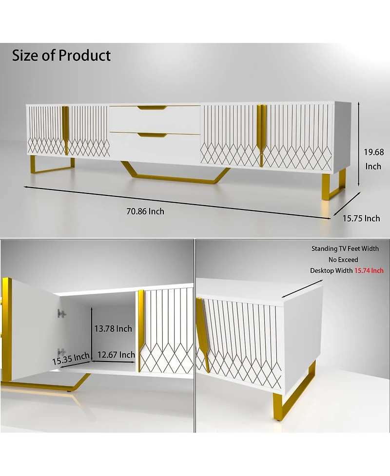 Streamdale Furniture Streamdale White Tv Console with Carved Design, Metal Legs, Large Storage