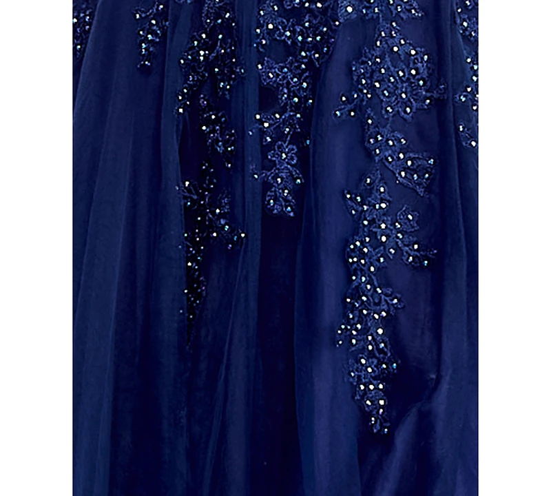 Say Yes Juniors' Embroidered Applique Side-Slit Ball Gown, Created for Macy's