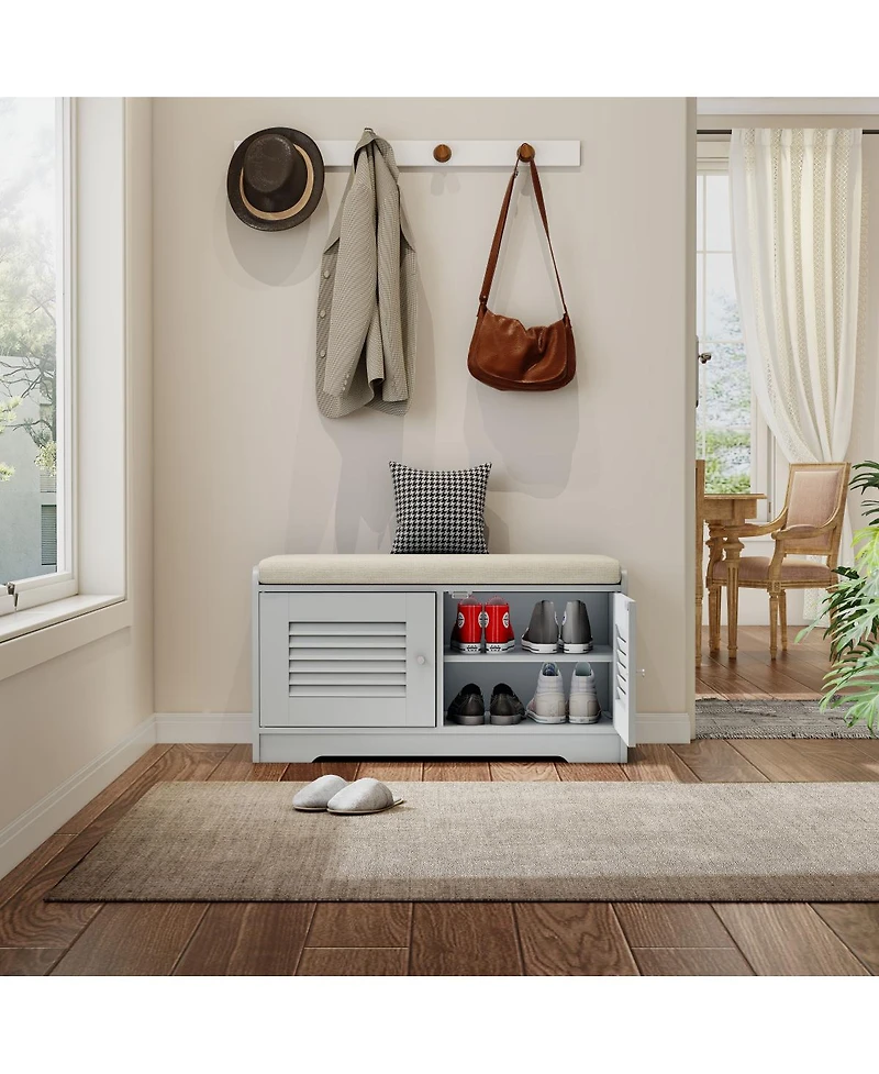 Streamdale Furniture Streamdale Shoe Storage Bench with 2 Door Cabinet & Cushion - Entryway Hallway Solution