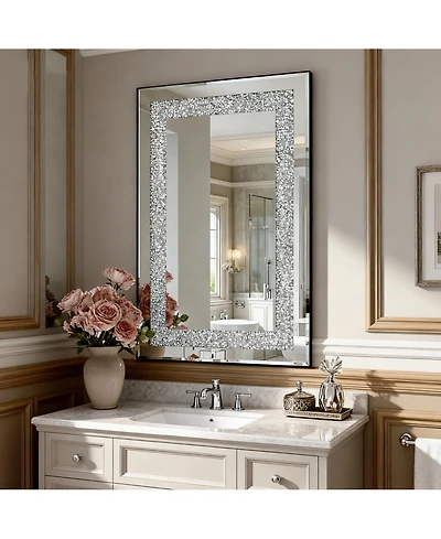 Busdays Crystal Crush Diamond Silver Mirror, 36x24 in, Beveled Edge, Decorative Wall Mirror for Living Room, Bedroom, Entryway