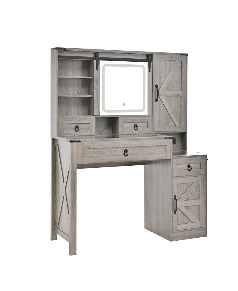 Streamdale Furniture Farmhouse Vanity Desk with Sliding Mirror, Lights, Charging