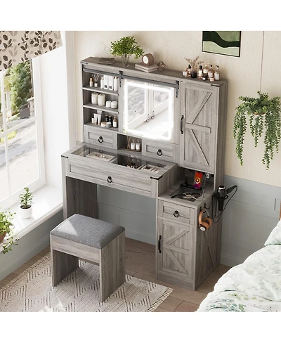 Streamdale Furniture Farmhouse Vanity Desk with Sliding Mirror, Lights, Charging
