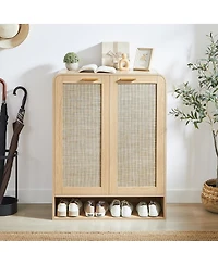 Streamdale Rattan Shoe Cabinet with Doors, 6-Tier Adjustable Shelves, Oak, 31.5"W x 13.8"D x 41"H.
