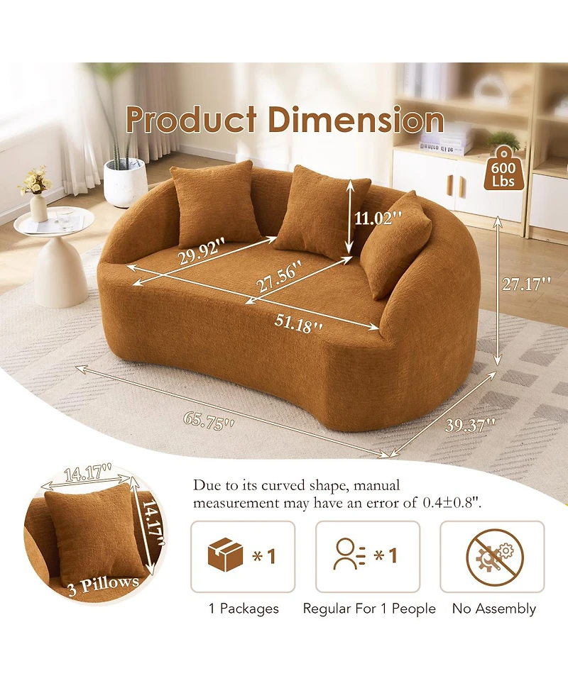 Streamdale Furniture Streamdale Curved Boneless Sofa Loveseat, 2-Seater Orange Chenille Compression Couch with 3 Pillows