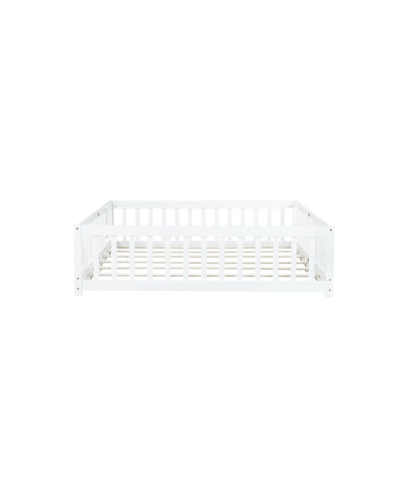 Streamdale Furniture Queen Size Floor Bed with Fence, Door, and Safety Guardrails
