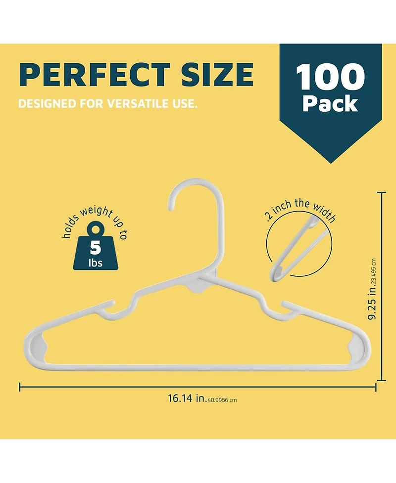 Lifemaster Kids Plastic Hangers, White, 11.6", with shoulder notches, space-saving, hold 5 lbs, ideal for baby, toddler & kids clothes, 100-pack.