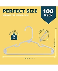 Lifemaster Kids Plastic Hangers, White, 11.6", with shoulder notches, space-saving, hold 5 lbs, ideal for baby, toddler & kids clothes, 100-pack.