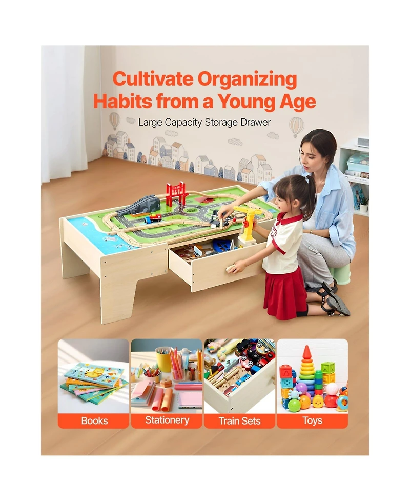 Slickblue Kids Train Table with 62 Wooden Pieces and Large Storage Drawer