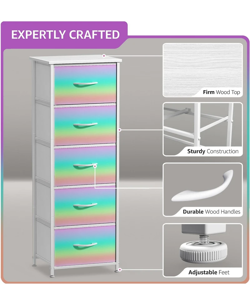 Sorbus Narrow 5 Drawers Nightstand with Steel Frame, Wood Top, Easy Pull Fabric Bins for Home, Bedroom, Office & Dorm