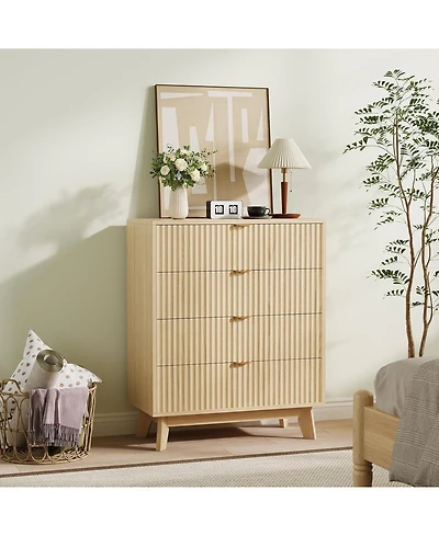 gaomon Fluted 4-Drawer Modern Dresser, Wood Storage Chest Organizer for Bedroom or Hallway, Beige/Khaki