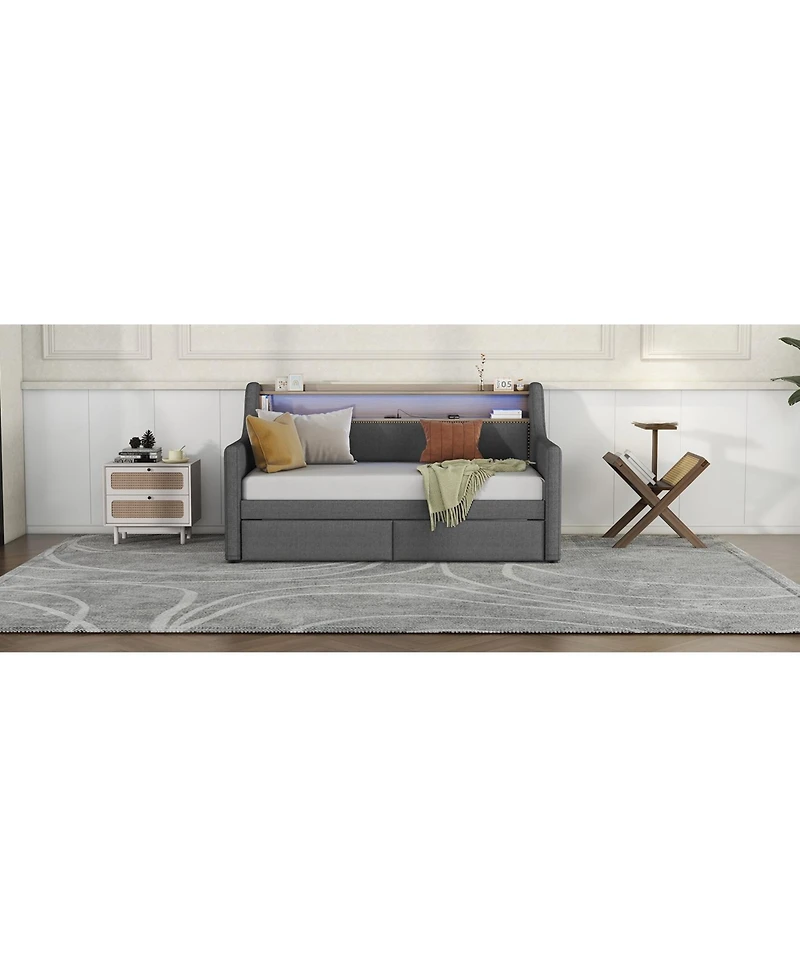 Streamdale Furniture Daybed with Storage Drawers, Upholstered Daybed with Charging Station and Led Lights