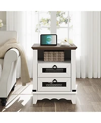 gaomon End Table Farmhouse Side Table 24" Nightstand Industrial End Table with Charging Station 2 Drawers Bed Side Table Open Cubby