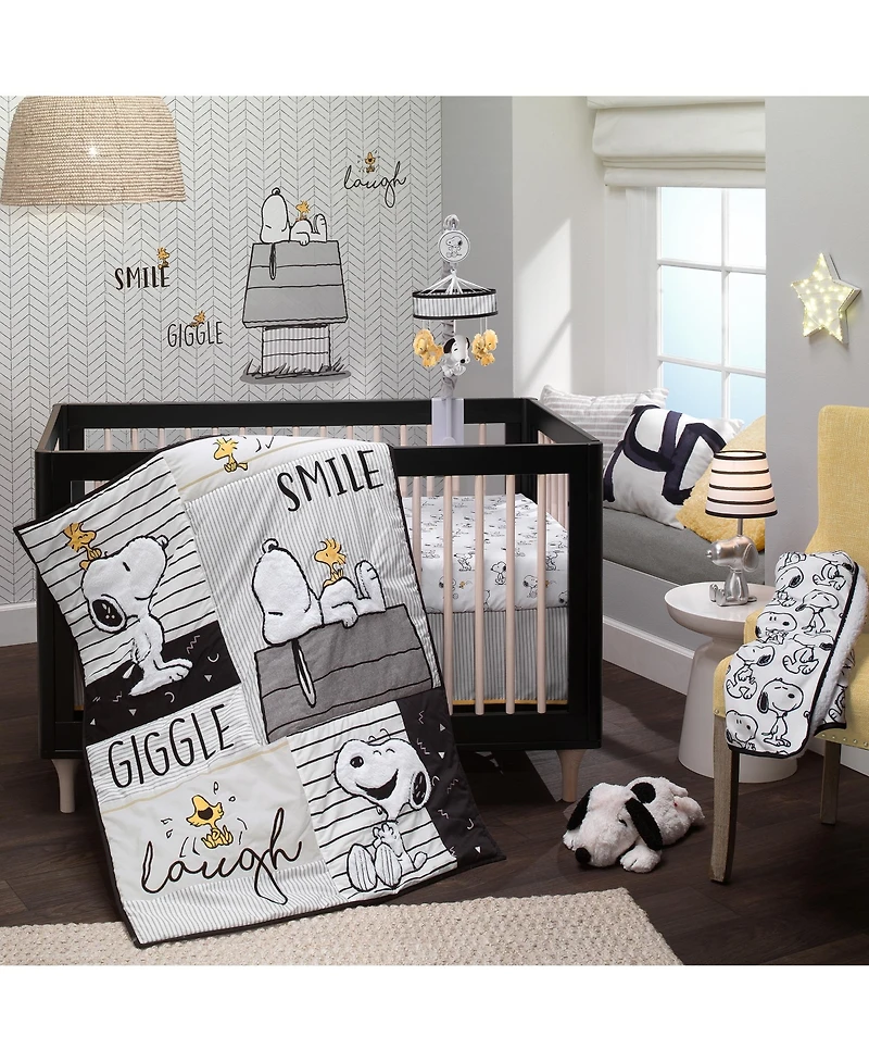 Lambs & Ivy Classic Snoopy Minky and Sherpa Baby Blanket - White/Black