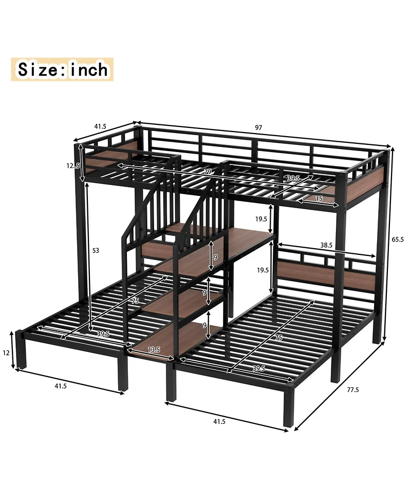 Streamdale Furniture Triple Metal Bunk Bed with Shelves & Stairs