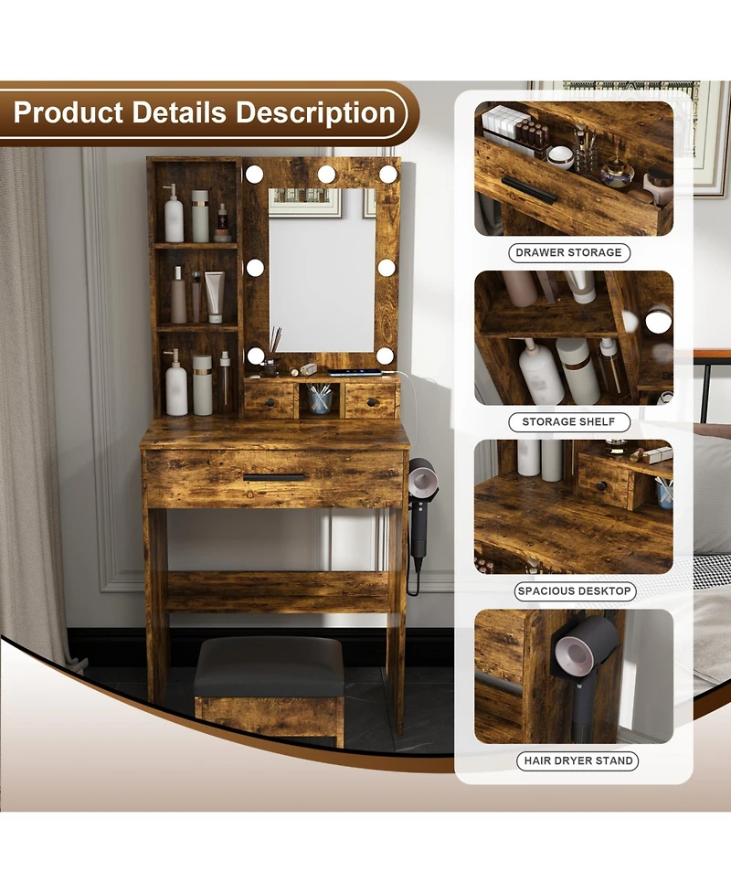 Streamdale Furniture Streamdale Vanity Table with Led Lights, Outlet, Stool - Compact Dressing Desk (Vintage