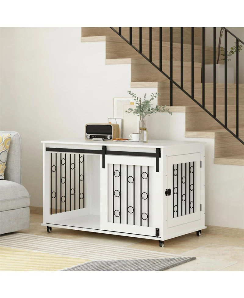 Aostirmotor Dog Crate with Metal Bars and Lockable Wheels in White