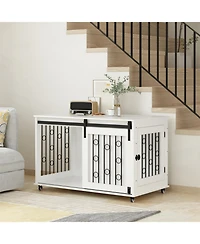 Aostirmotor Dog Crate with Metal Bars and Lockable Wheels in White