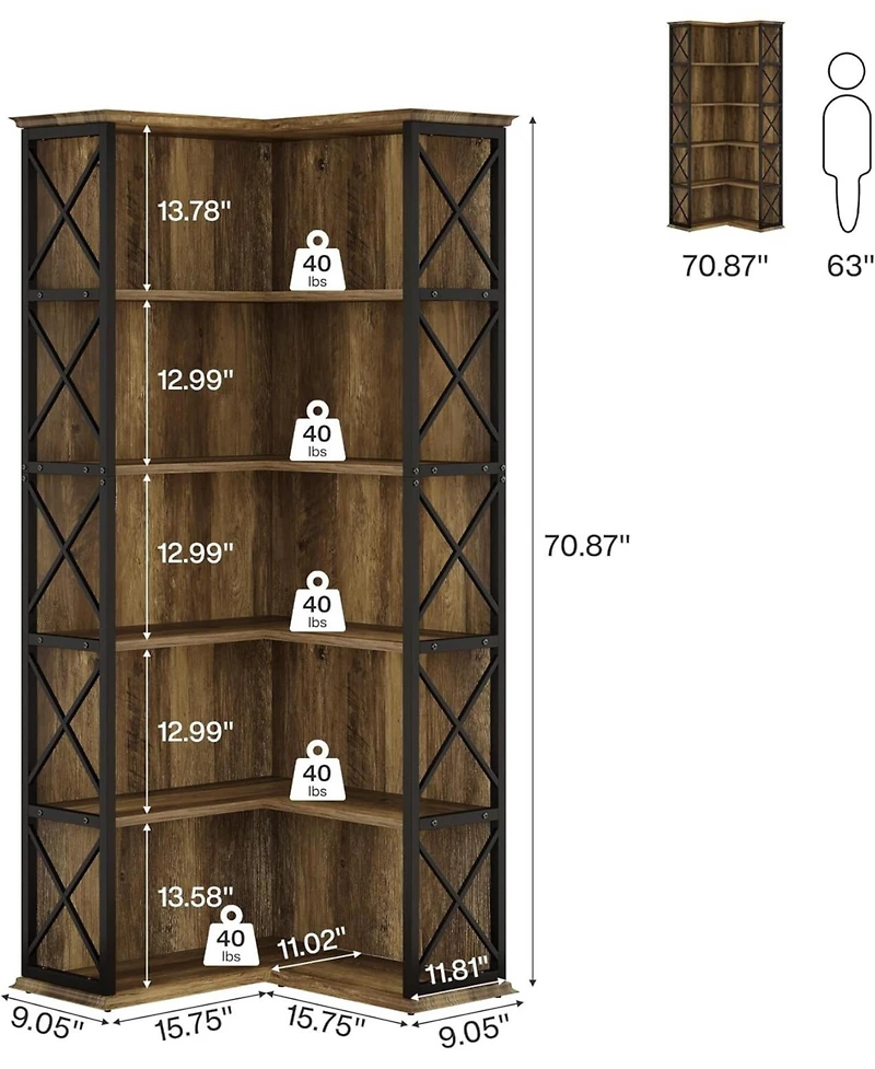Tribesigns 71 Inch Tall Corner Pantry, 5-Tier Industrial Corner Storage Shelf, Wood and Metal L-Shaped Kitchen Cabinet